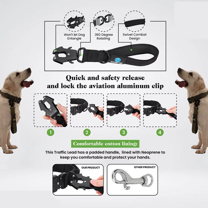 Short Dog Leash Traffic Padded Handle Heavy Duty Short Nylon Dog Lead for Training Control Reflective Threads Pet Leash